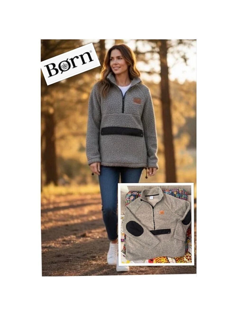 Born Retro Cozycore Outdoor Buttery Soft Deep Pile Sherpa Elbow Patch Fleece LG